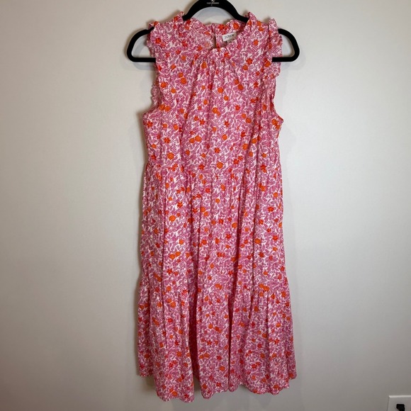 J.Crew Dresses & Skirts - JCrew Pink Orange Floral Ruffle Neck‎ Tiered Midi Dress Size 6